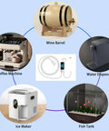 Automatic USB Powered Siphon Pump For Bottling Home Brew Wine Beer Kombucha With Food Grade Hose Self Priming Design 2 Liters Per Minute No Mess Leak Low Noise Compact Portable Water Transfer Kit with various usage examples including wine barrel, coffee machine, water dispenser, ice maker, and fish tank.