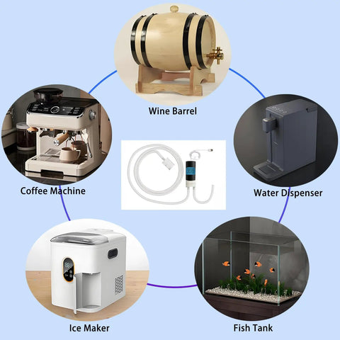Automatic USB Powered Siphon Pump For Bottling Home Brew Wine Beer Kombucha With Food Grade Hose Self Priming Design 2 Liters Per Minute No Mess Leak Low Noise Compact Portable Water Transfer Kit with various usage examples including wine barrel, coffee machine, water dispenser, ice maker, and fish tank.