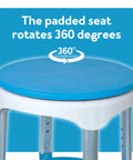 360 Degree Swivel Bath Stool With Cushioned Seat And Storage Tray Adjustable Rotating Shower Chair For Seniors And Adults Easy Entry And Exit From Tub showing blue padded rotating seat