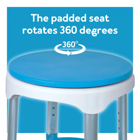 360 Degree Swivel Bath Stool With Cushioned Seat And Storage Tray Adjustable Rotating Shower Chair For Seniors And Adults Easy Entry And Exit From Tub showing blue padded rotating seat