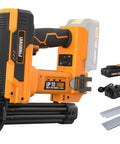 20V Cordless Pro Grade 2 In 1 18 Gauge Nailer And Stapler Kit showing battery, charger, 400 fasteners, built for framing finishing projects