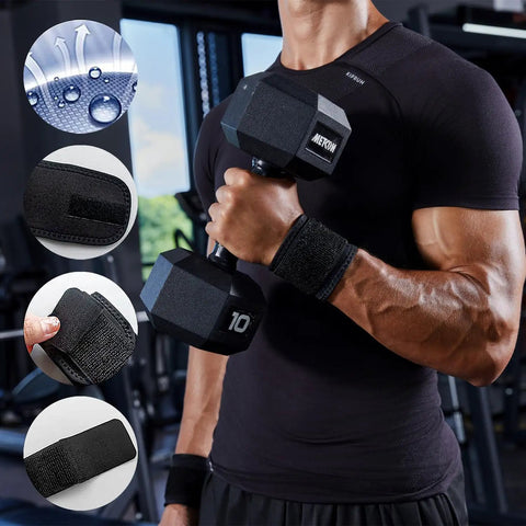 Man lifting dumbbell wearing 2 Pack Adjustable Wrist Brace Set for Fitness and Weightlifting, breathable and elastic material.