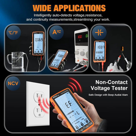 Beast Mode Rechargeable Digital Multimeter Tester With Auto Range TRMS 6000 Counts For AC DC Voltage And Current Temperature Resistance Capacitance Frequency Duty Cycle Continuity Diodes And Non Contact Voltage NCV Tester For Home Tech Projects showing NCV test