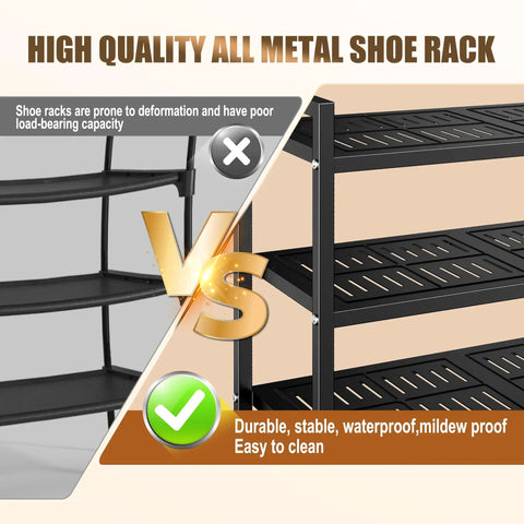Comparison image highlighting Heavy Duty Metal Shoe Shelf For Up To 30 Pairs against inferior shoe rack designs.