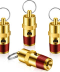 Four-pack of 1/4 inch brass pressure relief valve set with sealed thread locks for air compressors, durable and leak-proof.