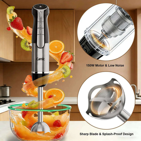 Cordless Hand Blender That Hits Different With Six Speed Settings And Four Versatile Attachments Including Chopper Whisk And Frother For Effortless Meal Prep blending fruit in a bowl with sharp stainless steel blade