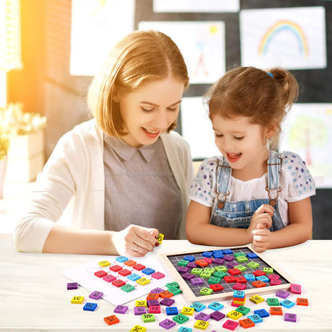 Rock Solid Wooden Montessori Math Counting Board Puzzle For Toddlers, active learning with numbers, colorful tiles on table.
