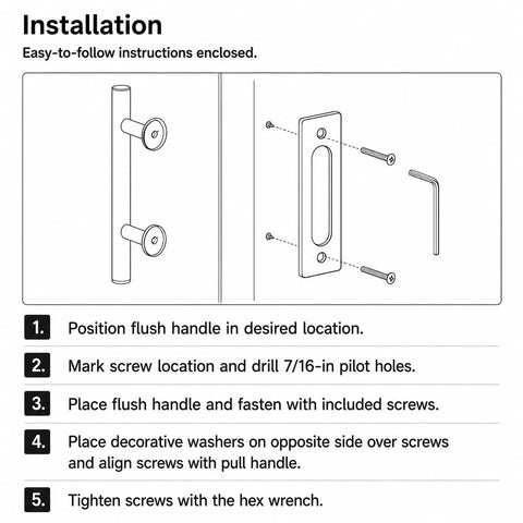11.5 Inch Barn Door Handle Set With Dual Action Exterior Grip And Two Sided Interior Pull, Heavy Duty Steel Construction In Brushed Brass Gold Finish, Sliding Door Hardware Kit For Wood Doors And Closets. Installation diagram with flush handle, screws, and hex wrench