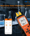 Two Channel Bluetooth Thermocouple Thermometer And Digital Temperature Data Logger For HVAC Lab On The Go With Real Time App Monitoring 5000 Point Capacity Optional OTA Firmware Upgrade Adjustable Compensation CSV And PDF Reports next to phone with data app displayed.