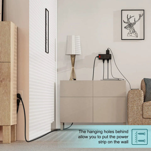 2 Pack Surge Protector Power Strip with USB C and USB A Ports mounted on wall near cabinet in home