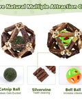 27 Pack Catnip Chew Toys For Cats With Cotton Sisal Rope And Natural Silvervine Sticks, pictured with catnip and bell balls