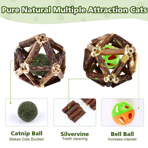 27 Pack Catnip Chew Toys For Cats With Cotton Sisal Rope And Natural Silvervine Sticks, pictured with catnip and bell balls