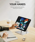 Ergonomic Adjustable Laptop Stand For Desk with Dual Foldable Riser and Heat Vent System, holding a laptop in a home office.