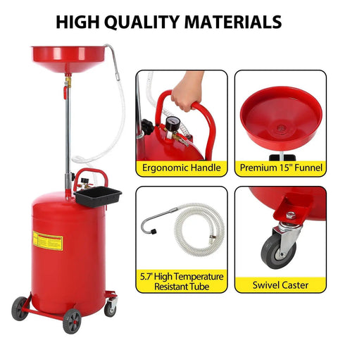 Sierra Squad 20 Gallon Waste Oil Drain Tank with ergonomic handle, premium funnel, and swivel casters for easy fluid transfer.