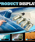 Heavy Duty Four Stage Compressed Air Dryer With Lightning Auto Drain Straight Up Built Tough shown with air spray gun and filtration setup.