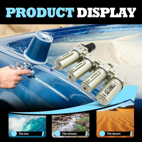 Heavy Duty Four Stage Compressed Air Dryer With Lightning Auto Drain Straight Up Built Tough shown with air spray gun and filtration setup.