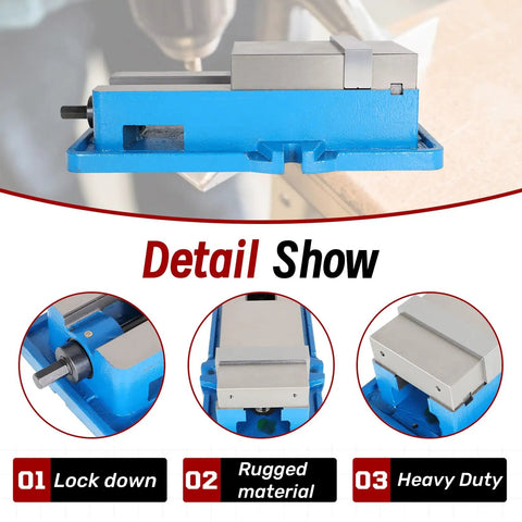 Detail view of 4 Inch Lock Down Milling Vise Workhorse For Drill Press And Milling Machine with 100 mm jaw width and rugged material