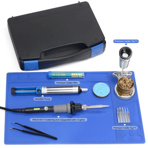 60W Soldering Iron Kit With Temperature Control, Three LED Work Lights, Five Premium Tips, Desoldering Pump, carrying case