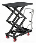 Heavy Duty Hydraulic Lift Table Cart With 770 Lbs Load Capacity And 50 Inch Height. Black steel scissor lift cart with red wheels.