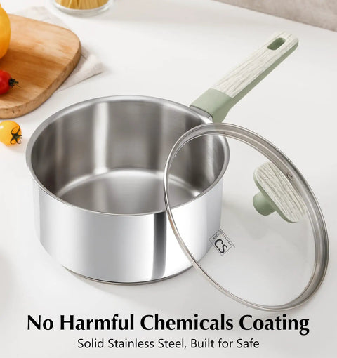 Heavy Duty 2 Quart Stainless Steel Saucepan With Lid 18 10 Cookware Pot featuring stay cool handles and glass lid.
