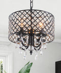 Black Crystal Chandelier Pendant Light Modern Drum Shade With Raindrop Crystals Four Light Hanging Fixture for luxurious rooms