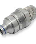 Hydraulic female flat-face quick coupler cartridge manifold, side view, metal body with knurled collar and threaded section