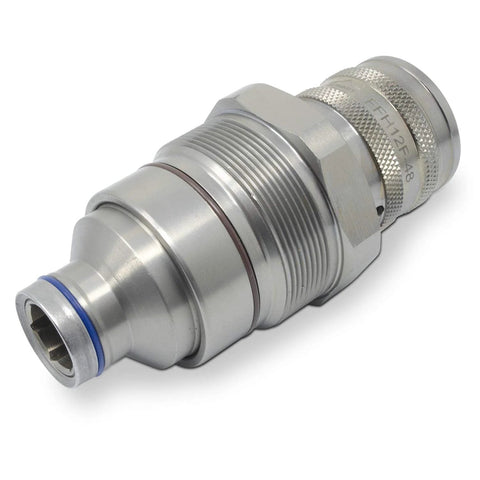 Hydraulic female flat-face quick coupler cartridge manifold, side view, metal body with knurled collar and threaded section