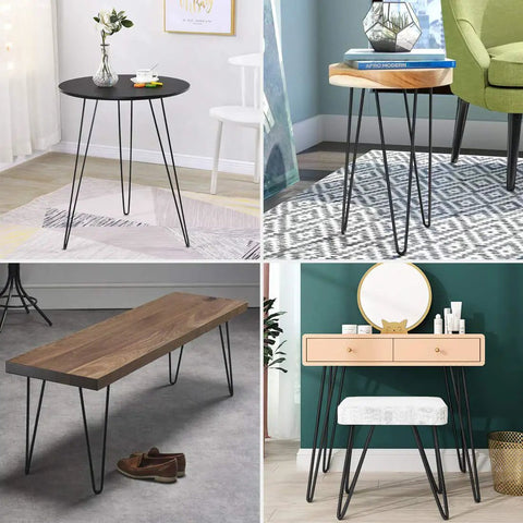 Collage of 28 Inch Metal Hairpin Table Legs Set Of 4 on various furniture including tables and a bench; black finish with mid-century modern style.