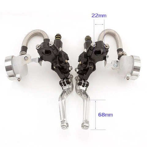 7 By 8 Inch CNC Master Cylinder Dual Hydraulic Brake And Clutch Levers Kit With Reservoir Pump For 125cc To 500cc Sport Street Bikes And Scooters, Premium Stainless Steel Finish, Easy Install, Plug And Play, showing both levers with integrated reservoir and 22mm bar compatibility.