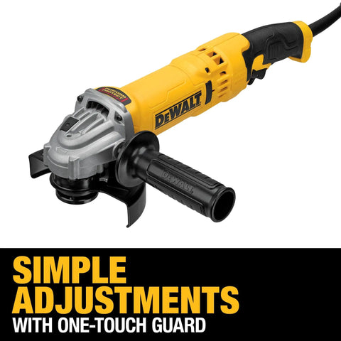 Four And A Half To Five Inch Trigger Grip Angle Grinder Workhorse with a 13 Amp Motor and Dust Ejection System visible on a display.