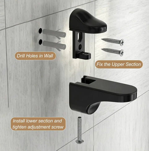 Heavy Duty Adjustable Floating Shelf Brackets With Glass Clamps And Cabinet Partitions Panels Mount Kit Wall Mounted Shelves Hardware Set in black with screws and wall anchors
