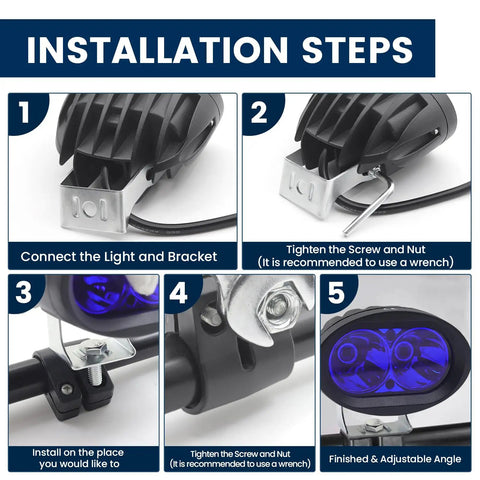 Step-by-step installation of 2 Pack Adjustable Motorcycle Spotlight Mounting Brackets for Off Road Bikes and Scooters, easy install guide