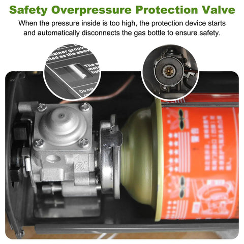 Portable Butane Gas Stove With Wind Guard 12000 BTU Single Burner Camp Stove For Home Kitchen Outdoor Cooking Camping Hiking Picnics Fuel Not Included, showing safety overpressure protection valve and canister connection.