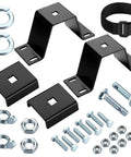 Ride Ready High Lift Jack Mount Kit With Two Heavy Duty Farm Jack Brackets And Protective Cover Caps Plus Secure Hook Loop Strap, Kit components including brackets and bolts.