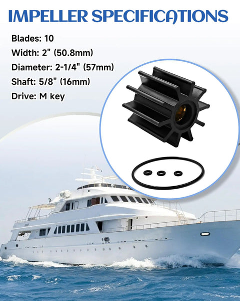 Marine Impeller Repair Kit With O Ring Compatible With Crusader PCM RP061022 shown with impeller specs and yacht in background