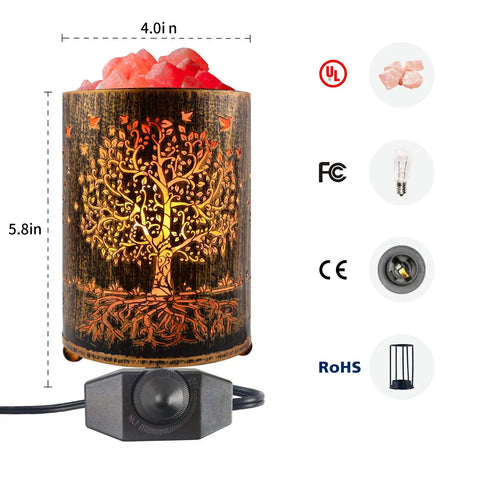 Himalayan Salt Rock Lamp With Dimmer Tree of Life Salt Basket Desk Light, 5.8-inch, wooden basket, warm amber glow, UL cord included.