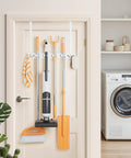 Over The Door Mop And Broom Holder No Drill Wall Mount With Four Slots And Four Hooks Wood Tool Hanger for Laundry