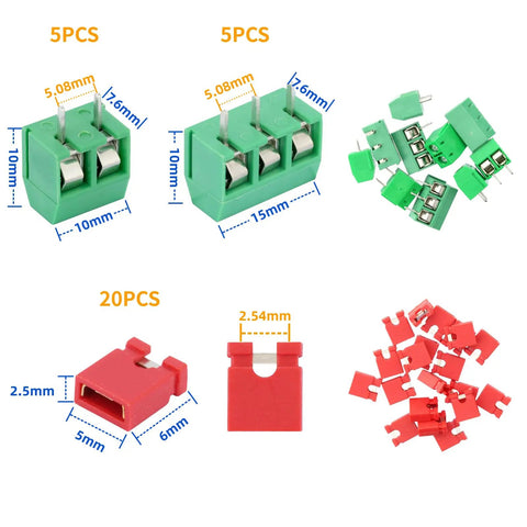 Double Sided PCB Perf Board Kit With 54 Pieces Across Five Sizes For Arduino DIY Soldering Projects Protoboards Include 40 Pin Headers Great For Makers And Circuit Prototyping Hands On For Beginners And Pros, green and red PCB terminal blocks