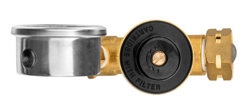 Renator RV water pressure regulator for camper; brass body, adjustable valve with filter (side view)