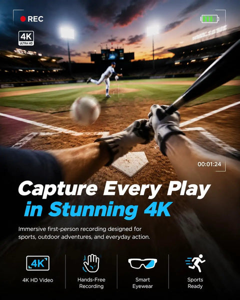 4K POV Baseball Glasses With Camera For Men And Women Sports Sunglasses Eyewear With HD Recording And Audio Video Capture Anti Glare Lenses For Running Cycling Hiking And Adventure Ice Blue capturing baseball game