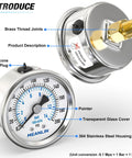 Stainless Steel Dry Pressure Gauge 0-200 Psi, 2 Inch Dial, showing brass thread joints and silicone oil plug, side and front view.