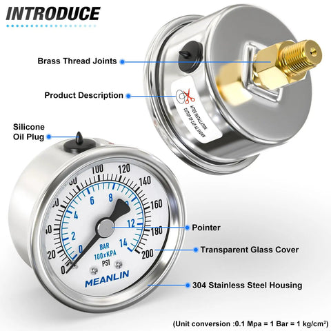 Stainless Steel Dry Pressure Gauge 0-200 Psi, 2 Inch Dial, showing brass thread joints and silicone oil plug, side and front view.