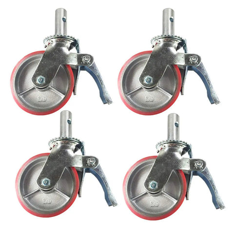 Smooth Rolling Scaffold Casters With Boss Grade Red Rubber Wheels And Rock Solid Locking Brakes For Easy Job Site Cruising Six Inch Diameter One Three Eight Inch Stem Handles 2800 Pounds Total In A Pack Of Four.