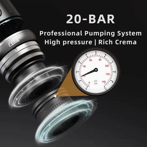 20-bar pump system of Ultra Portable Espresso Maker With Self Heating Tech On The Go showing pressure gauge and components
