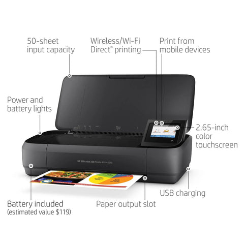 OfficeJet 250 Wireless Mobile Printer Scanner Copier With Battery Included All In One On The Go Portable Printer For Laptop Tablet And Phone Ideal For Business On The Move showing open lid and touch interface.