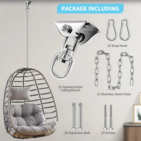 Heavy Duty Hammock Hanging Kit With 360 Degree Swivel Stainless Steel 1000 Pound Capacity featuring swing hooks, chains, carabiners, and anchors