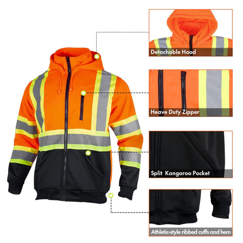 High Visibility ANSI Class 3 Reflective Safety Fleece Hoodie For Men With Detachable Hood Full Zip Orange With Black Hem Heavy 9.88oz