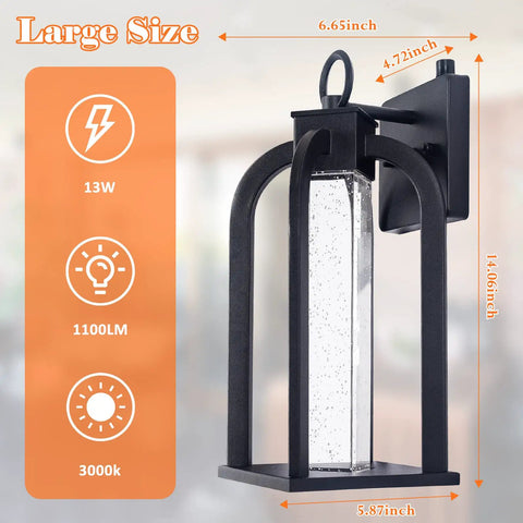 LED Dusk To Dawn Outdoor Wall Light With 14 Inch Black Lantern Style Crystal Bubble Glass Photocell Sensor IP65 Waterproof And Rust Resistant No Fuss Exterior Fixture For House Garage And Porch, 13W, 1100LM