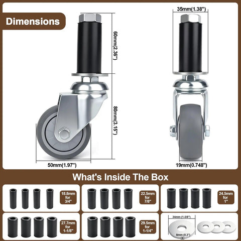 2 Inch Expanding Stem Caster Wheels Set Of Four Furniture Swivel Rollers With Five Adapter Sleeves with dimensions and adapters