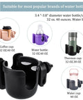Universal Stroller Cup Holder With Phone Holder, Adjustable Drink Holder for Baby Strollers and Wheelchairs in black shown with various cups.
